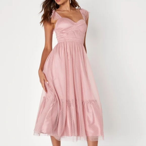 Lulus Dresses & Skirts - Lulus Pretty Promise Mauve Pink Swiss Dot Tulle Ruffled Midi Dress Size XL